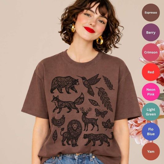 Espresso Comfort Colors 1717 t-shirt with woodland animals graphic featuring fox, bear, deer and hummingbird silhouettes
