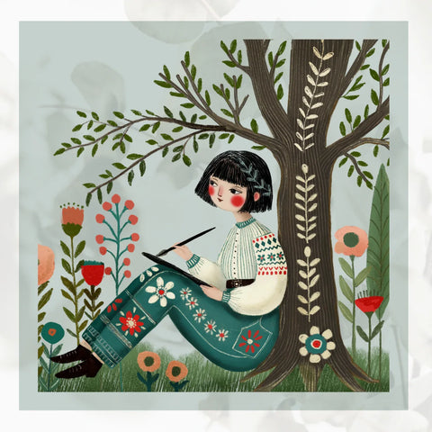 Folk-art illustration of a girl among flowers and plants in The Folk Brush style