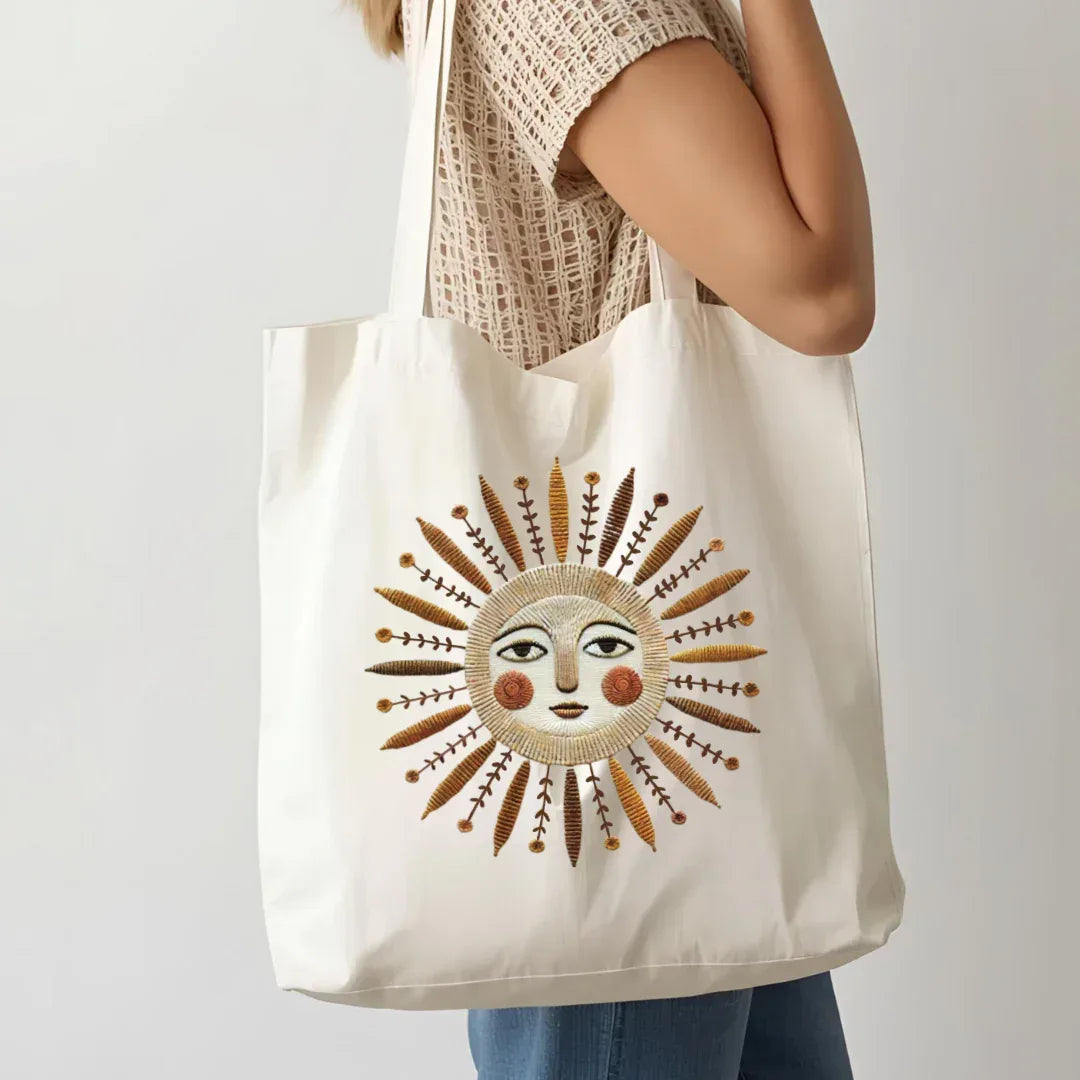 Faux Embroidery Boho Sun Canvas Tote Bag — boho sun faux embroidery print detail