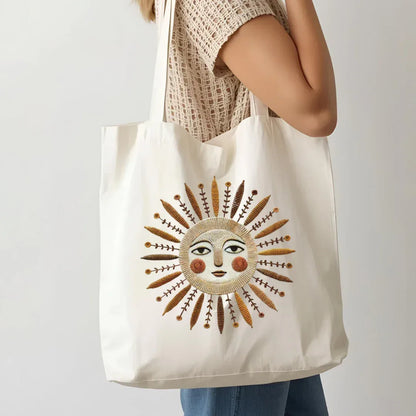 Faux Embroidery Boho Sun Canvas Tote Bag — boho sun faux embroidery print detail