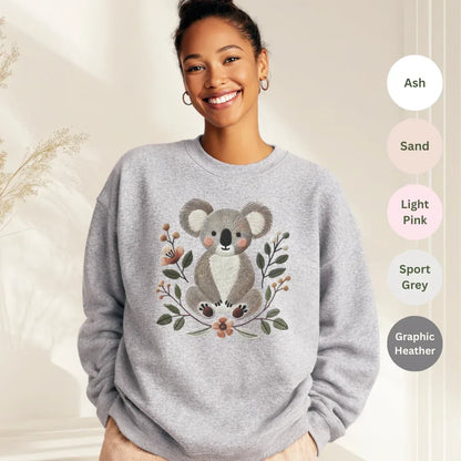 Faux Embroidery Koala Crewneck Sweatshirt — color options Ash, Sand, Light Pink, Sport Grey, Graphic Heather — Gildan 18000