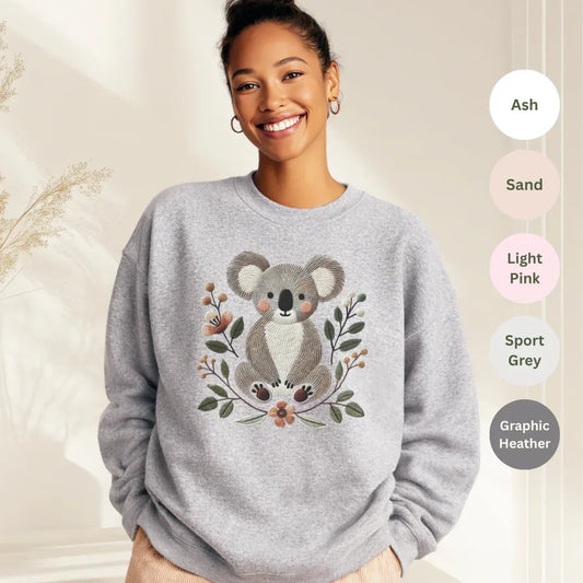 Faux Embroidery Koala Crewneck Sweatshirt — color options Ash, Sand, Light Pink, Sport Grey, Graphic Heather — Gildan 18000