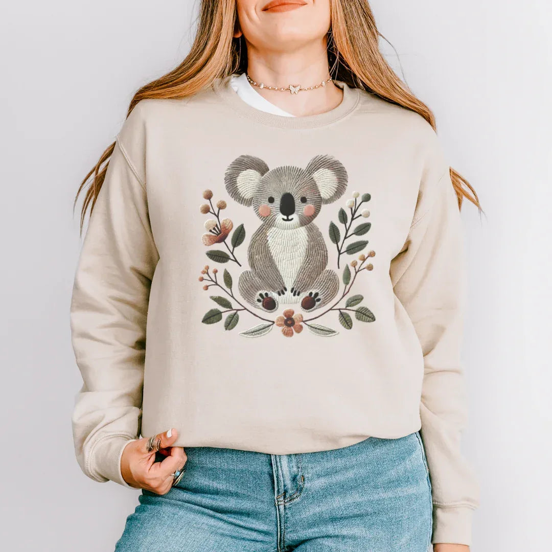 Faux Embroidery Koala Crewneck Sweatshirt in Sand — stitched-look koala folk art by The Folk Brush