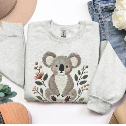 Faux Embroidery Koala Crewneck Sweatshirt in ash— koala and flowers faux embroidery print