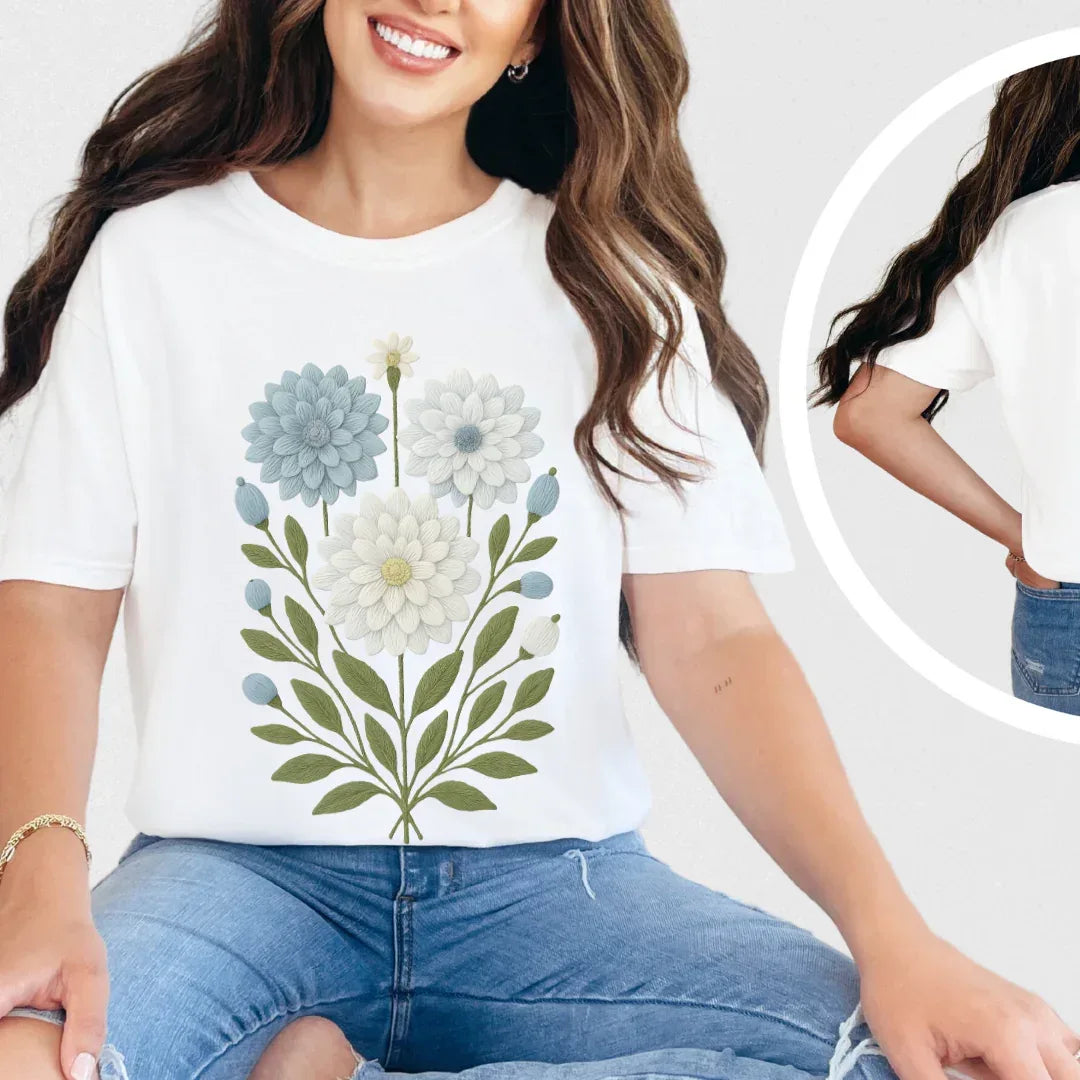 Faux embroidery blue bloom garden tee styled casually — cottagecore folk garden shirt for women