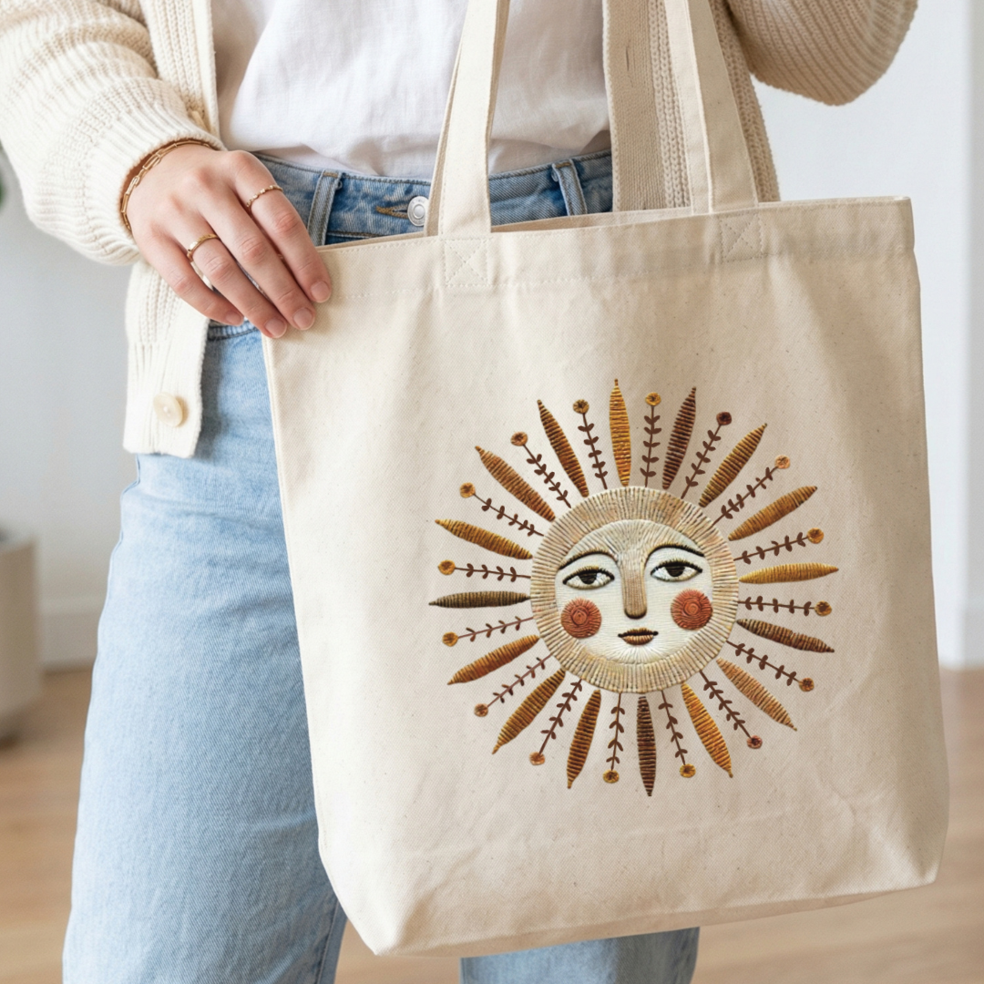 Faux embroidery sun design canvas tote bag natural cotton carried by person