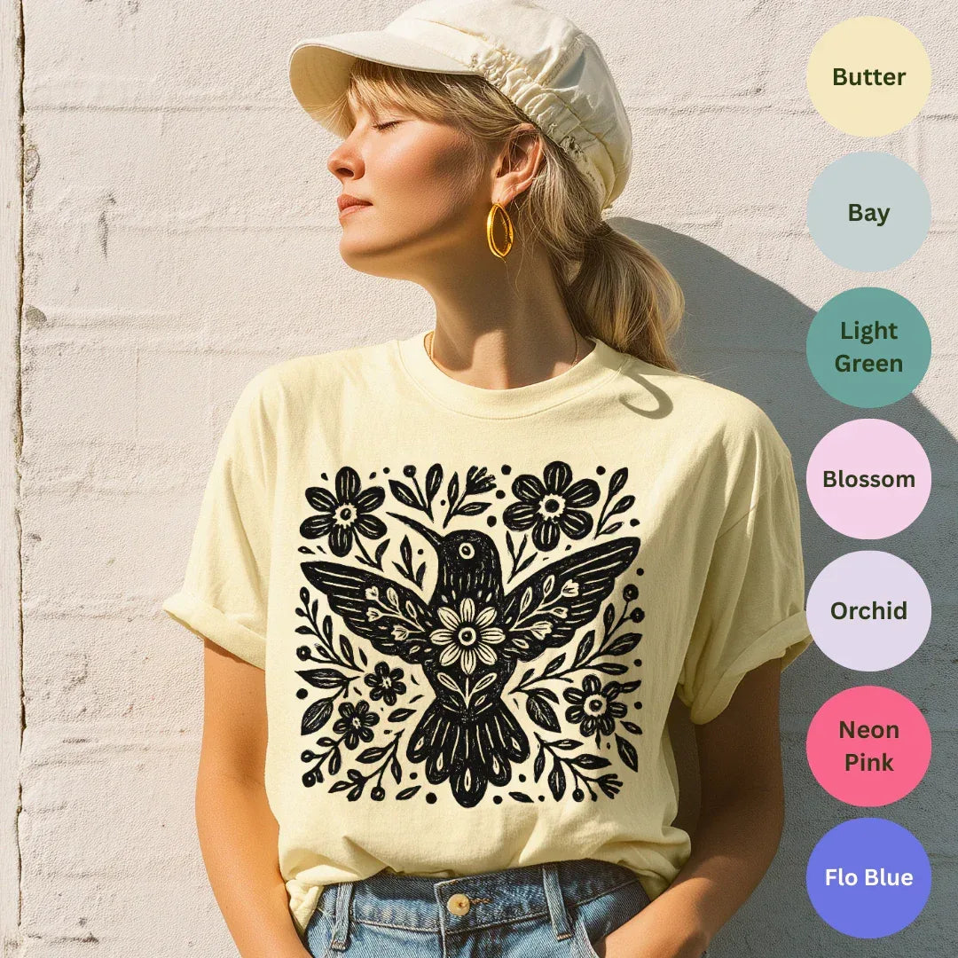 Floral Folk Bird T-Shirt — color options Butter, Bay, Light Green, Blossom, Orchid, Neon Pink, Flo Blue — Comfort Colors 1717