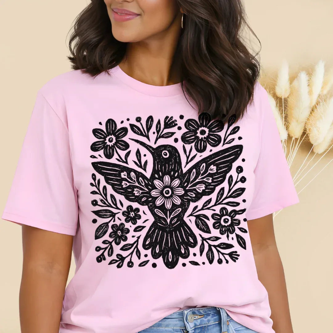 Floral Folk Bird T-Shirt in Blossom — folk bird and flowers print by The Folk Brush