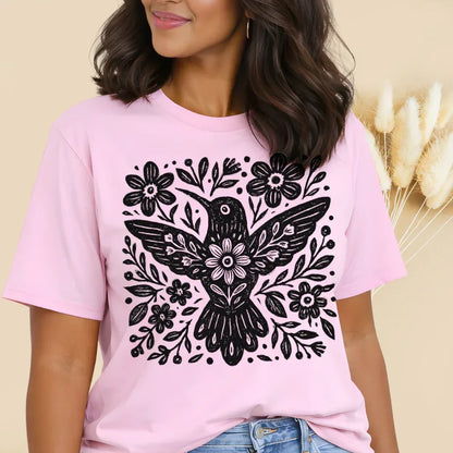 Floral Folk Bird T-Shirt in Blossom — folk bird and flowers print by The Folk Brush
