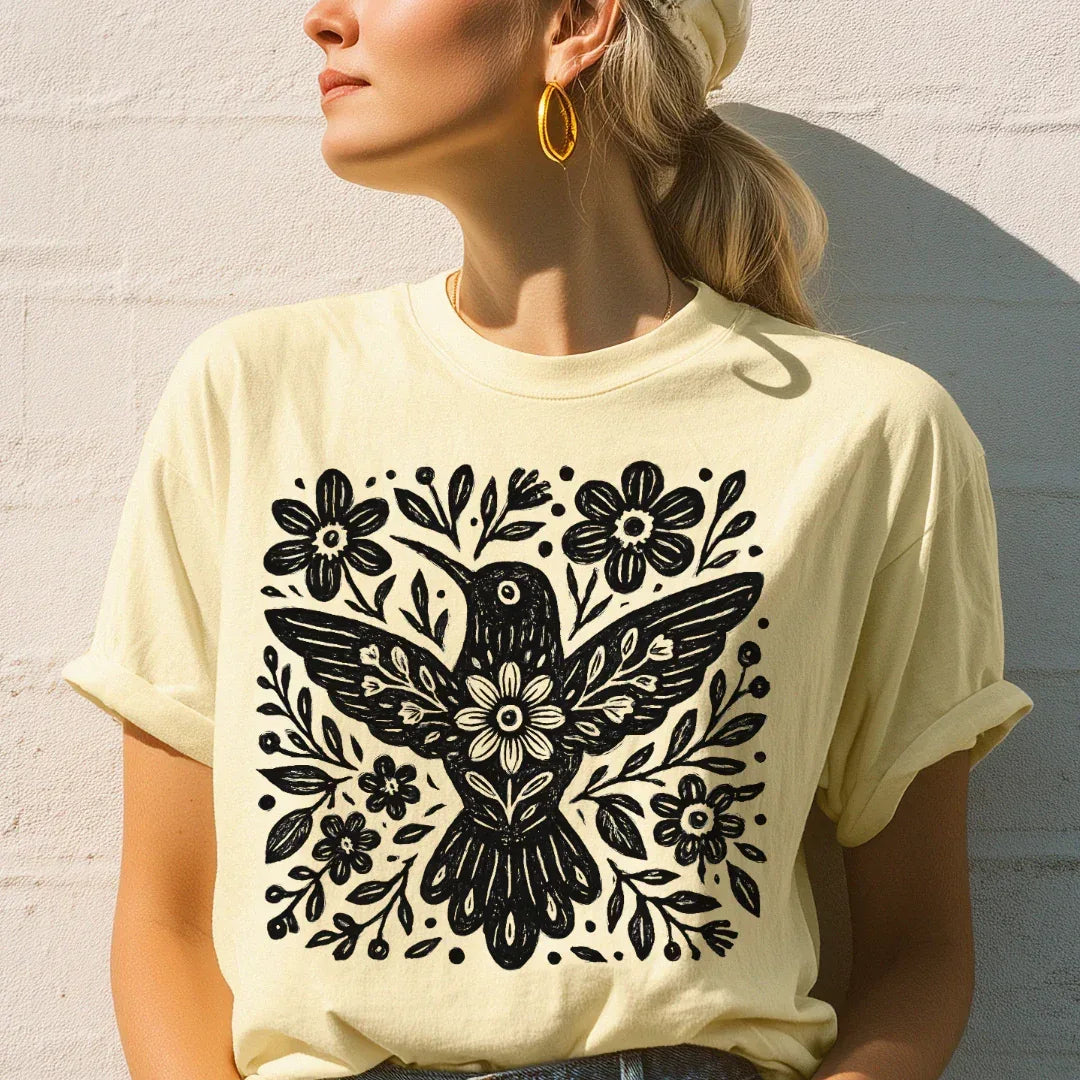 Floral Folk Bird T-Shirt in Butter — bold folk bird and floral print by The Folk Brush
