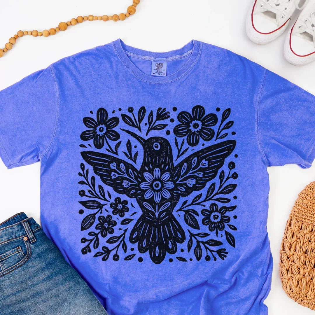 Floral Folk Bird T-Shirt in Flo Blue — bold folk bird print Comfort Colors 1717