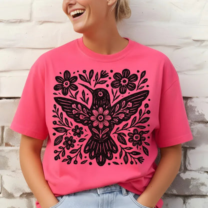 Floral Folk Bird T-Shirt in Neon Pink — floral folk bird graphic tee