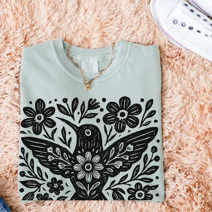 Floral Folk Bird T-Shirt in bay— folk bird print detail by The Folk Brush