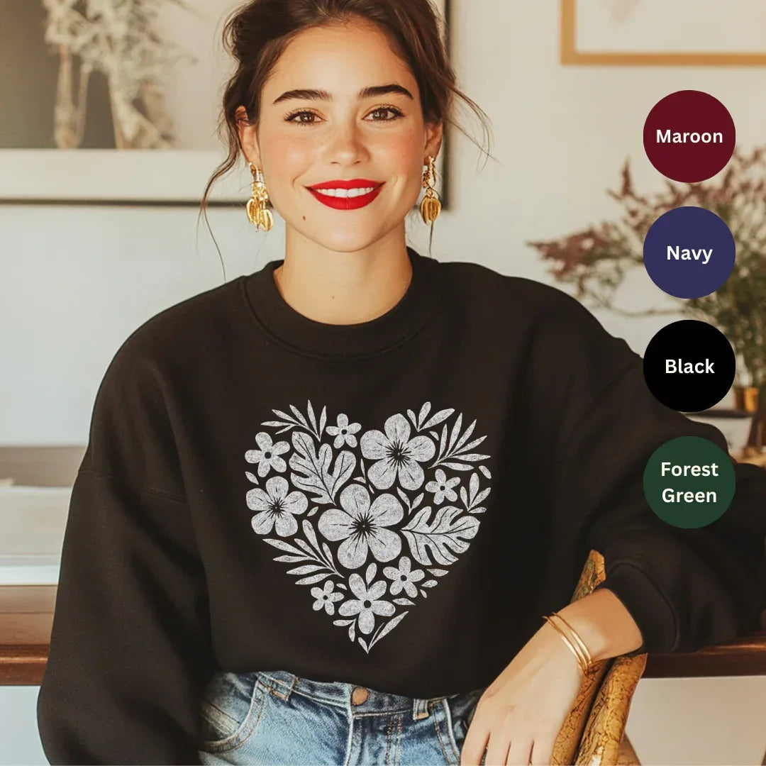 Floral Heart Crewneck Sweatshirt — color options Forest Green, Maroon, Navy, Black — Gildan 18000