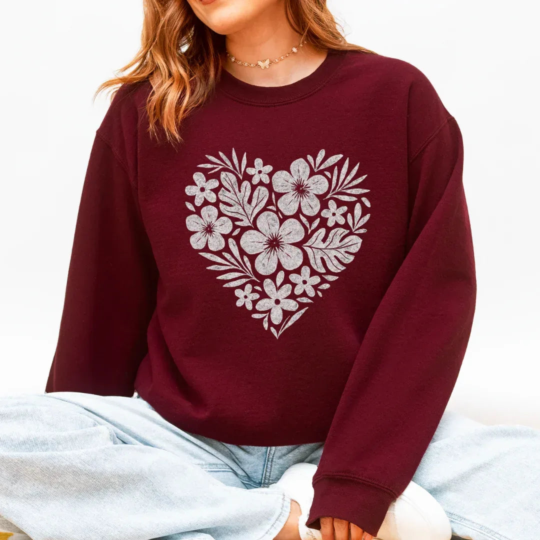 Floral Heart Crewneck Sweatshirt in Maroon — floral heart crewneck by The Folk Brush