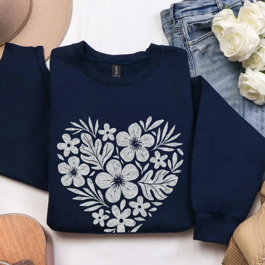 Floral Heart Crewneck Sweatshirt in Navy — floral heart print detail Gildan 18000