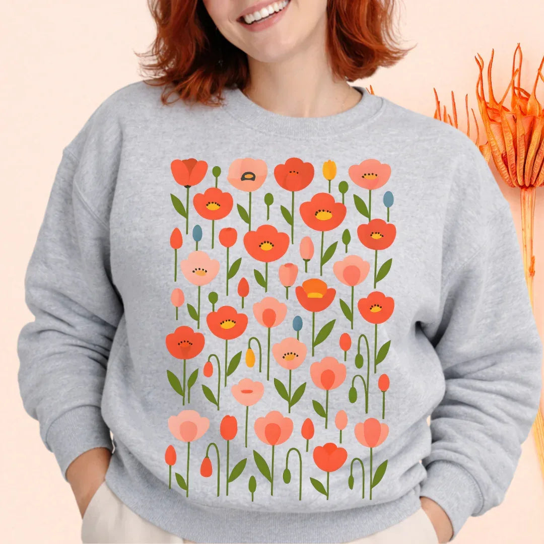Floral Poppies Crewneck Sweatshirt — folk garden poppy print detail