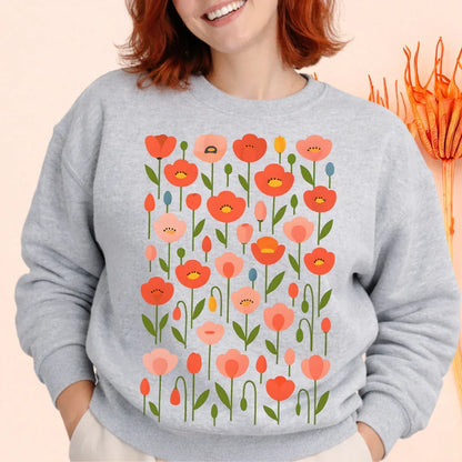 Floral Poppies Crewneck Sweatshirt — folk garden poppy print detail