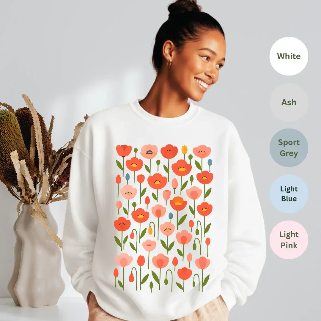 Floral Poppies Crewneck Sweatshirt — color options White, Ash, Sport Grey, Light Blue, Light Pink — Gildan 18000