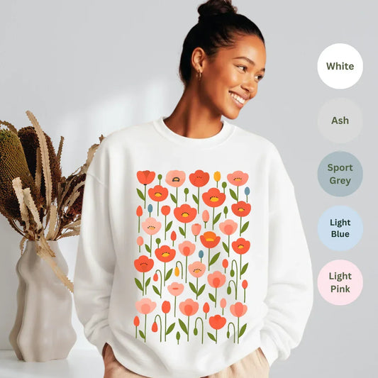 Floral Poppies Crewneck Sweatshirt — color options White, Ash, Sport Grey, Light Blue, Light Pink — Gildan 18000