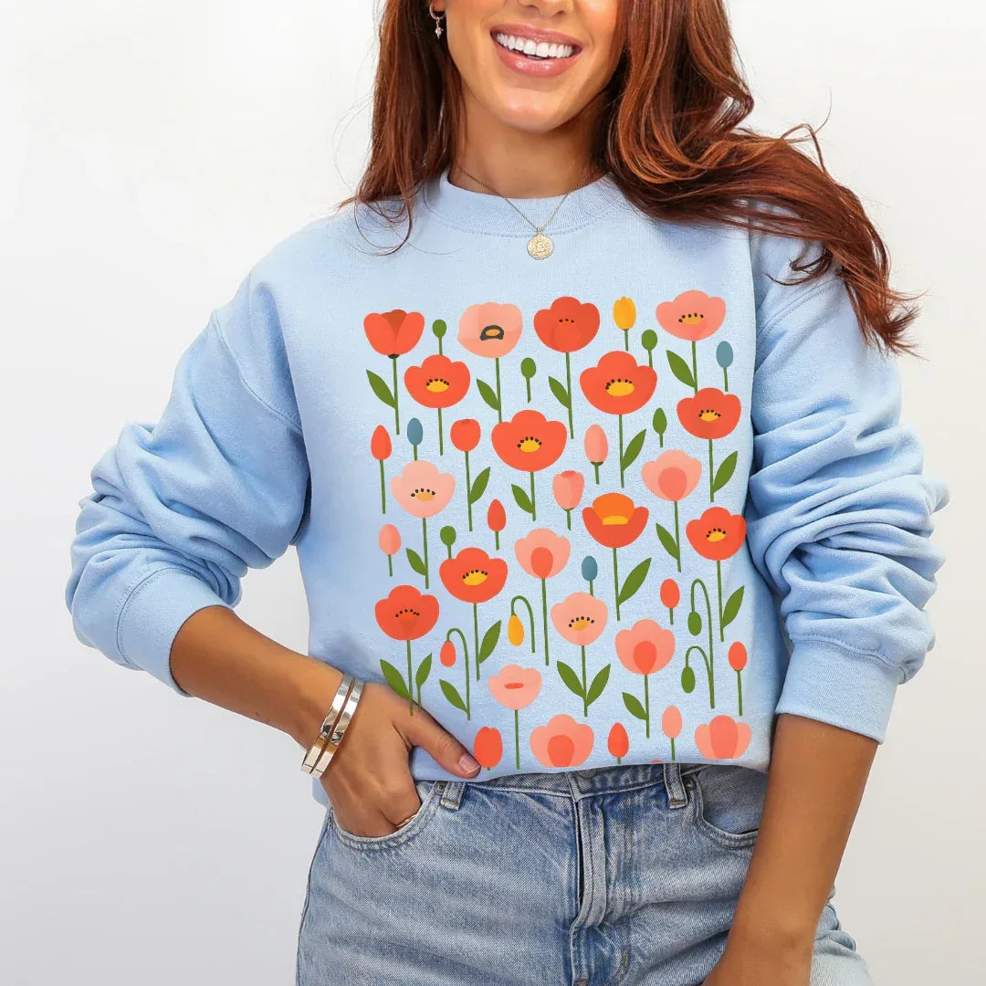 Floral Poppies Crewneck Sweatshirt in Light Blue — floral poppies folk art print Gildan 18000