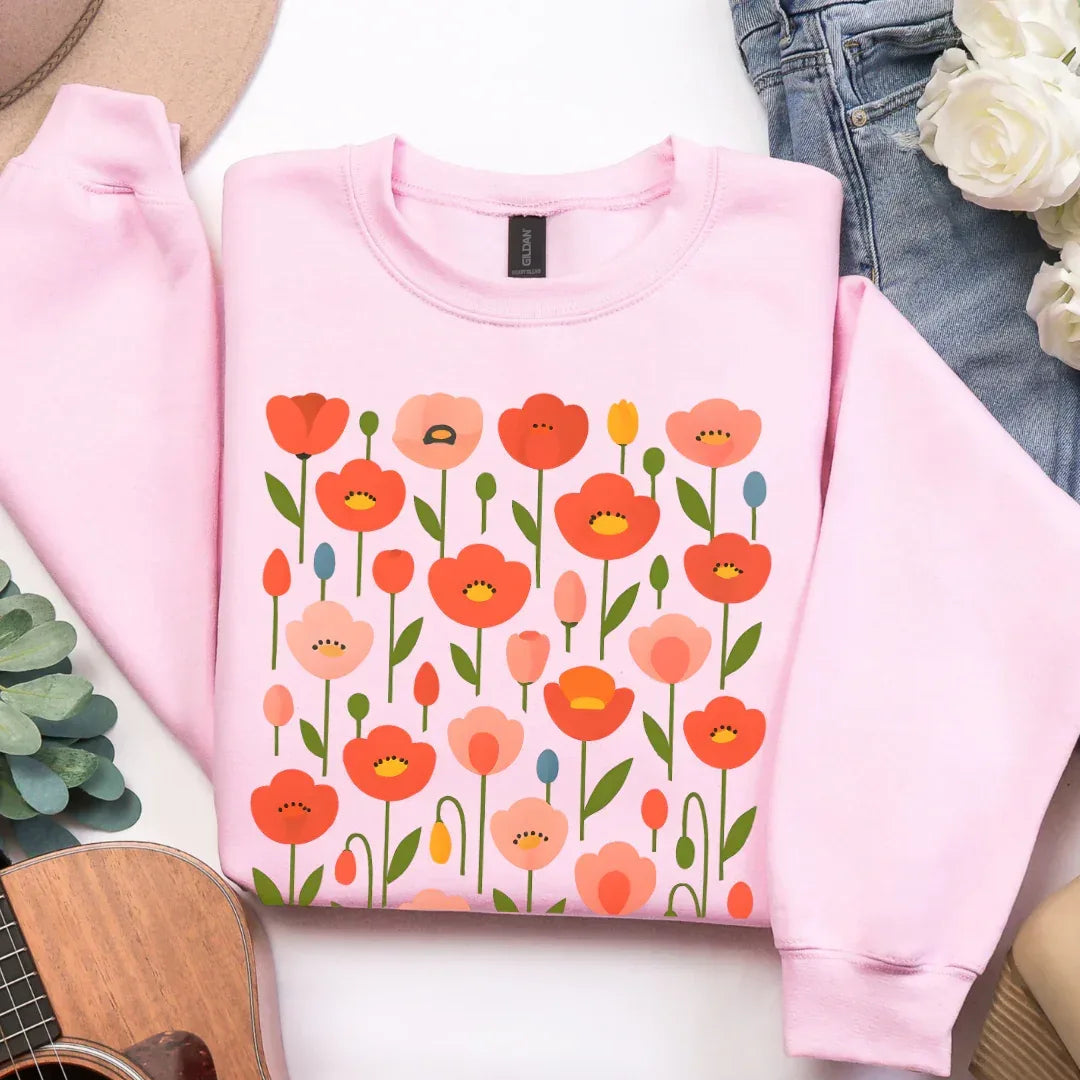 Floral Poppies Crewneck Sweatshirt in Light Pink — coral and blush poppy folk art crewneck