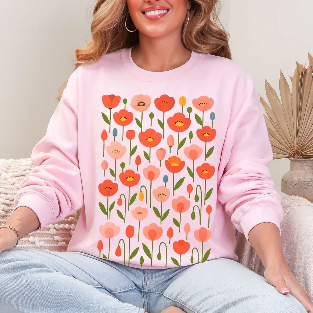 Floral Poppies Crewneck Sweatshirt in Light Pink — folk art poppy print crewneck sweatshirt