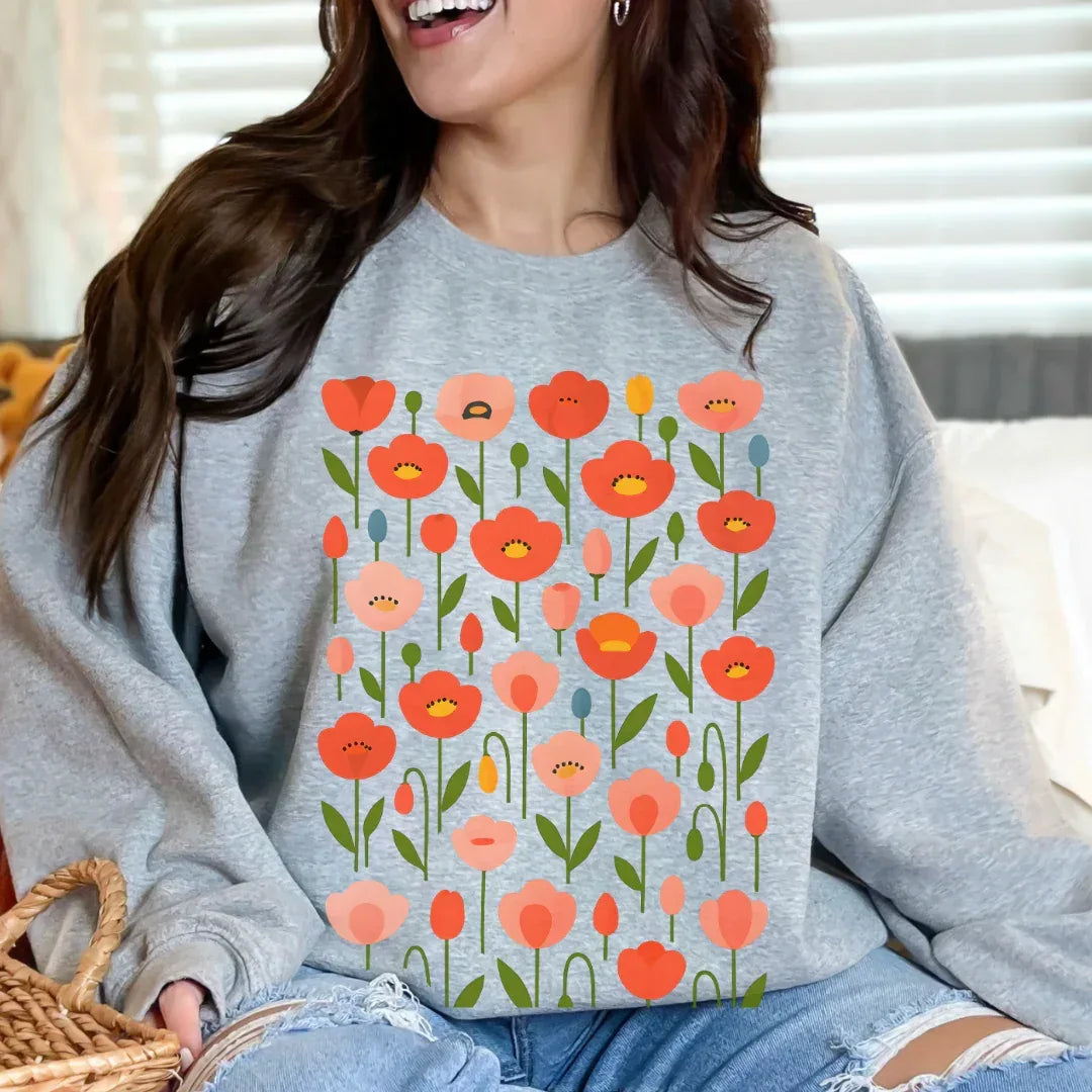 Floral Poppies Crewneck Sweatshirt in Sport Grey — coral poppy folk art crewneck