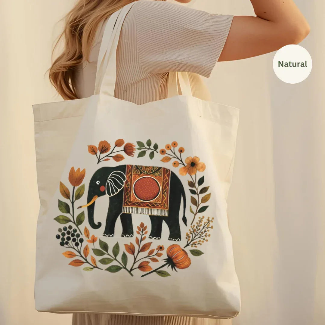 Folk Elephant Canvas Tote Bag in Natural — folk art elephant and botanical print by The Folk Brush