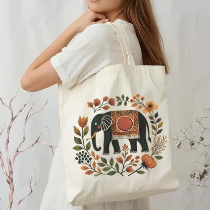Folk Elephant Canvas Tote Bag in Natural — folk creatures elephant tote heavy cotton canvas