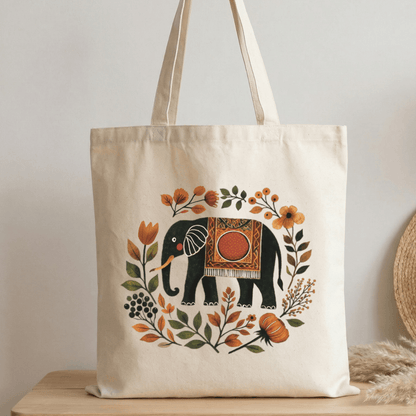Folk Elephant Canvas Tote Bag in Natural — folk creatures elephant tote heavy cotton canvas