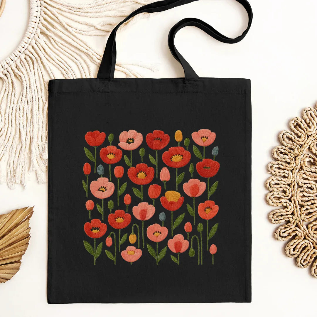 Folk Floral Tote Bag in Black — faux embroidery floral print canvas tote by The Folk Brush