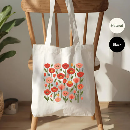 Folk Floral Tote Bag in Natural and Black — faux embroidery folk floral print canvas tote