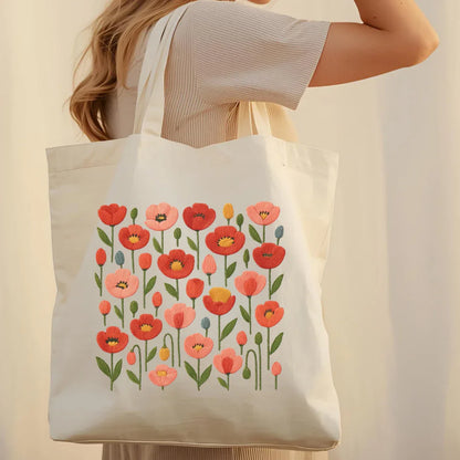 Folk Floral Tote Bag in Natural — faux embroidery folk floral print detail