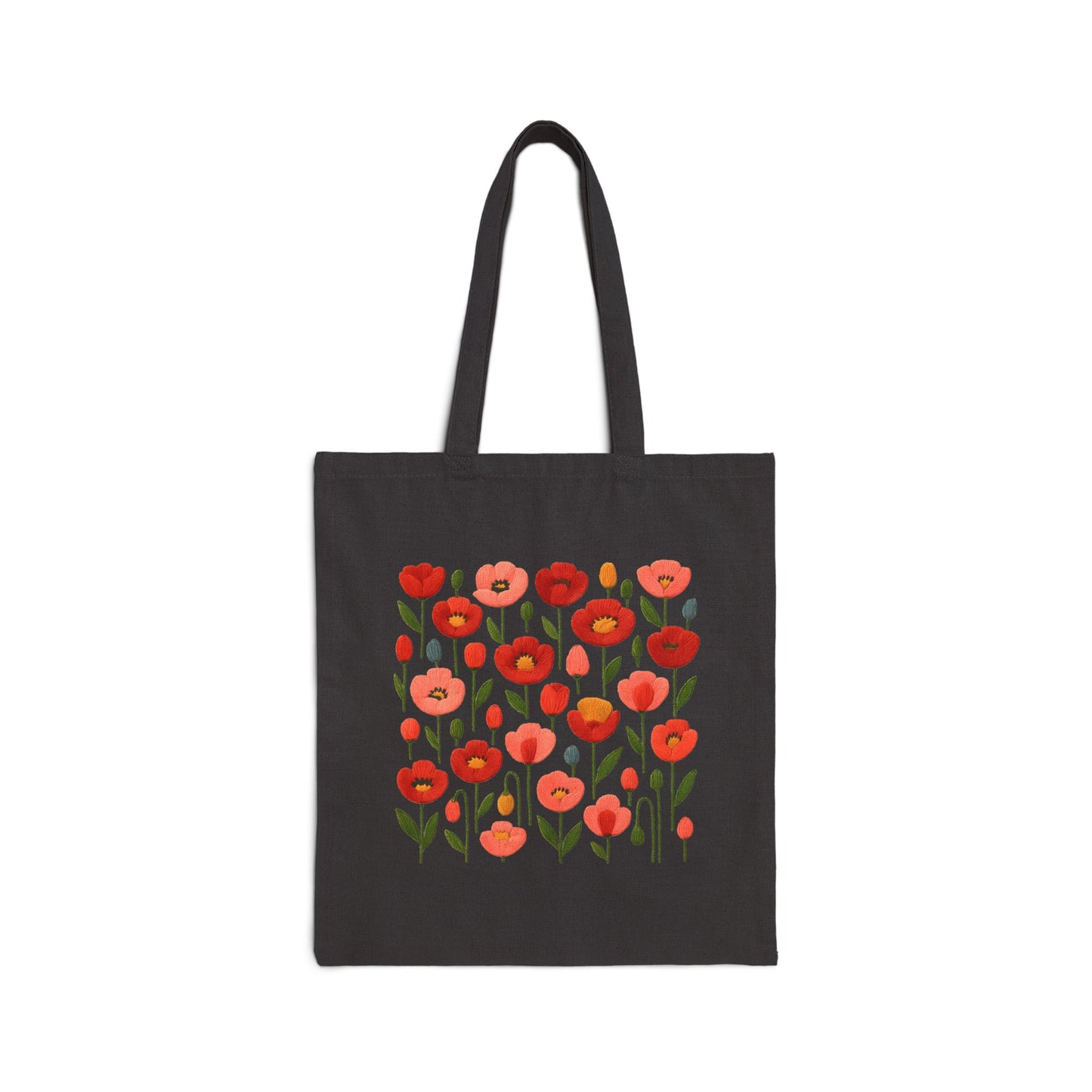 Folk Floral Tote Bag in black— faux embroidery folk floral print detail