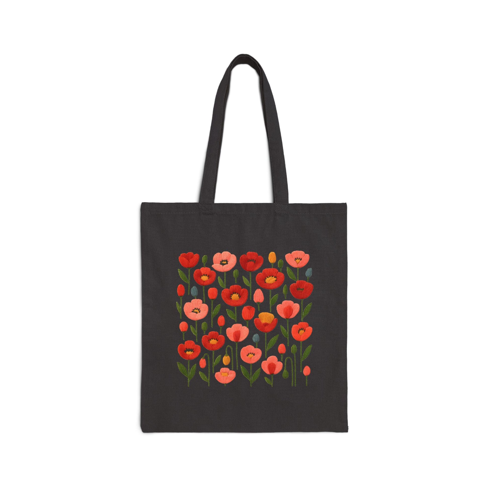 Folk Floral Tote Bag in black— faux embroidery folk floral print detail