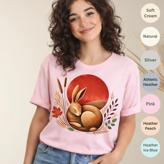 Folk Rabbit Sunset T-Shirt — color options Pink, Soft Cream, Natural, Silver, Athletic Heather, Heather Peach, Heather Ice Blue — Bella+Canvas 3001