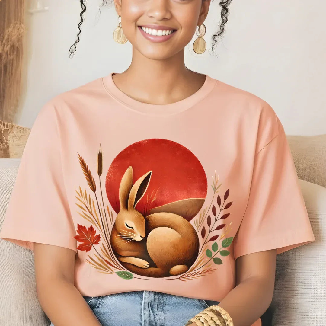 Folk Rabbit Sunset T-Shirt in Heather Peach — rabbit sunset folk art tee Bella+Canvas 3001