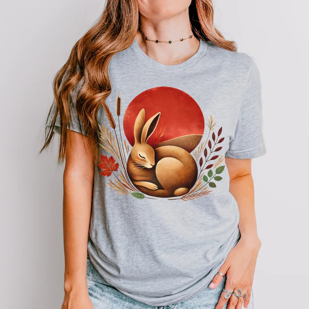 Folk Rabbit Sunset T-Shirt in athletic heather— woodland rabbit sunset print folk art tee