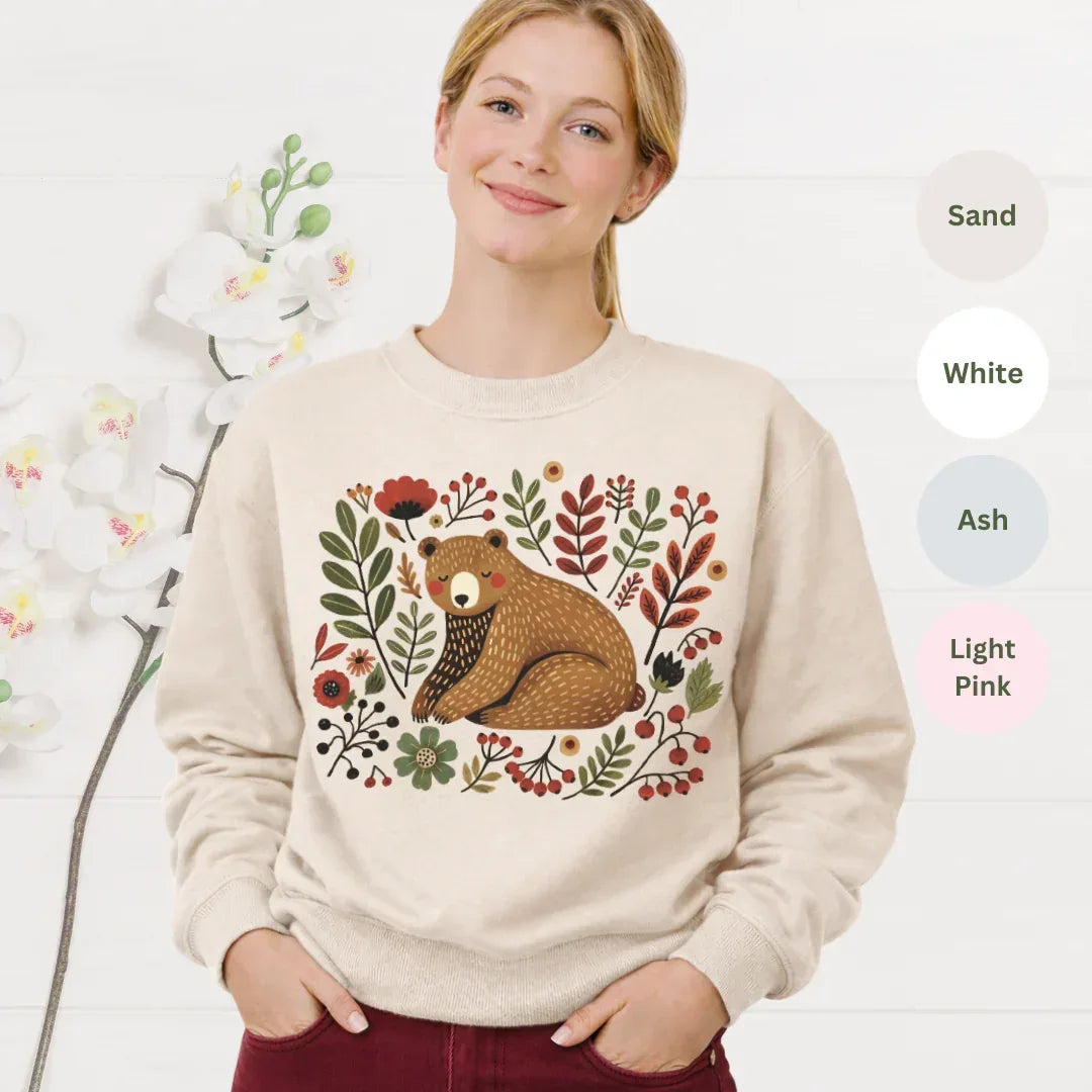 Folk Woodland Bear Sweatshirt — color options Sand, White, Ash, Light Pink — Gildan 18000