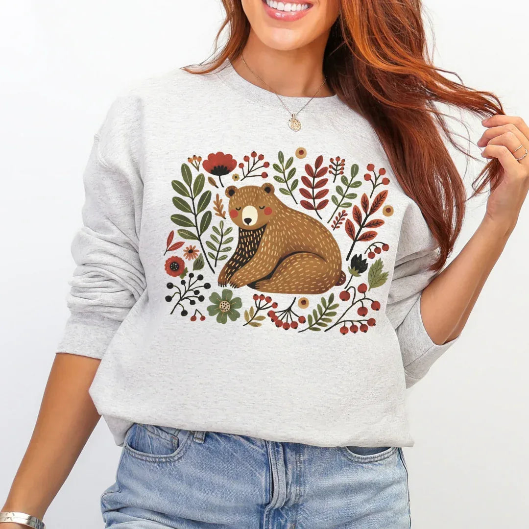 Folk Woodland Bear Sweatshirt in Ash — woodland bear folk art crewneck by The Folk Brush
