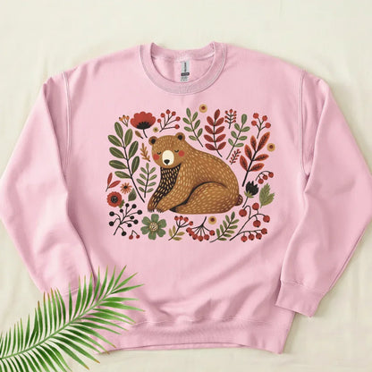 Folk Woodland Bear Sweatshirt in Light Pink — resting bear folk art crewneck