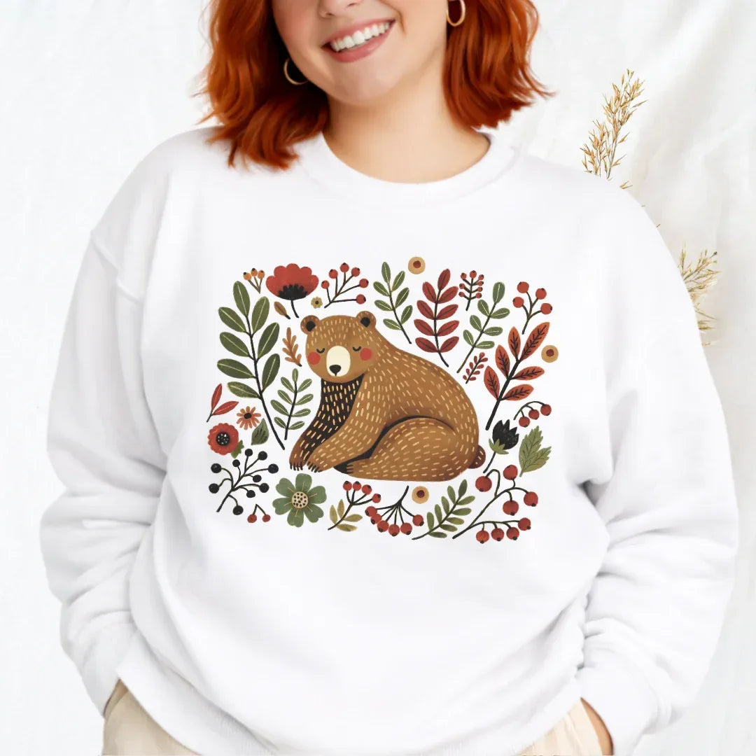 Folk Woodland Bear Sweatshirt in white— resting bear folk art crewneck