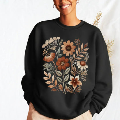 Folk art autumn bouquet sweatshirt in black — earthy fall crewneck tee