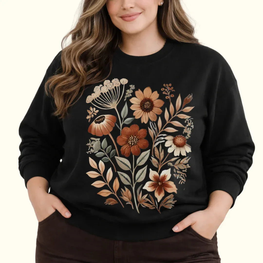 Folk art autumn bouquet sweatshirt in black — earthy fall crewneck tee plus size