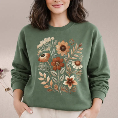 Folk art autumn bouquet sweatshirt in military green — earthy fall crewneck tee
