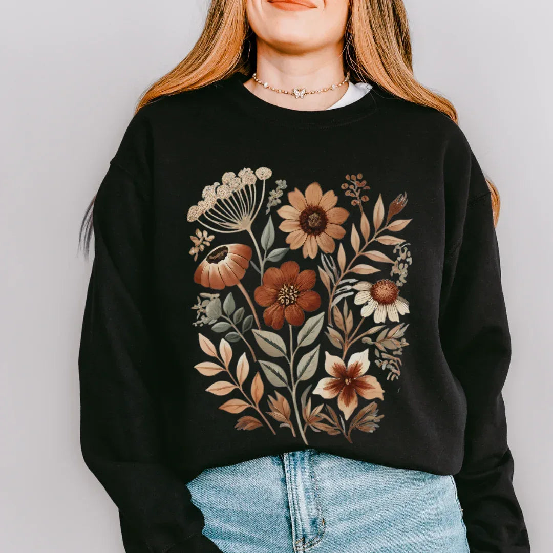 Folk art autumn floral sweatshirt in black — cottagecore fall crewneck by The Folk Brush