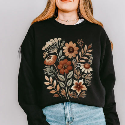 Folk art autumn floral sweatshirt in black — cottagecore fall crewneck by The Folk Brush