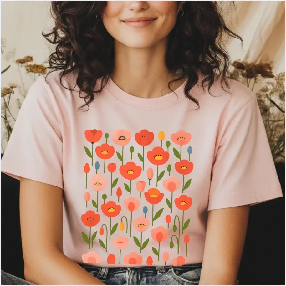 Folk art poppy garden t-shirt in soft pink — cottagecore floral graphic tee by The Folk Brush