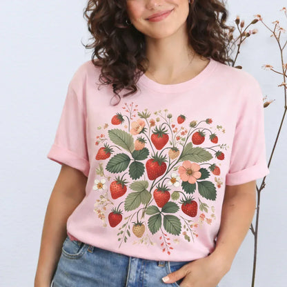 Folk art strawberry graphic tee in natural color — botanical cottagecore t-shirt for women